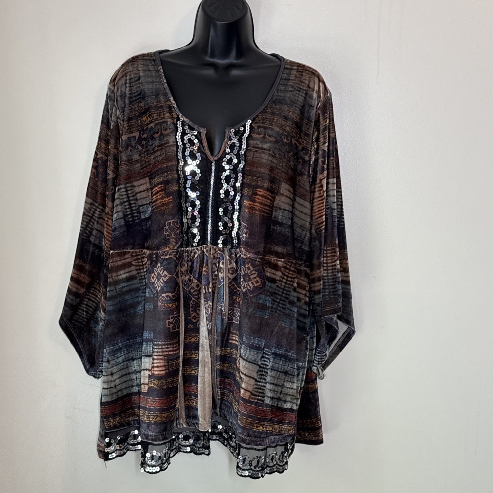 Unity Asymetric Abstract Artsy Tunic Top Size 3X Multicolor Stretch Velour Soft
